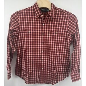 Polo Ralph Lauren Western Shirt XL Red Plaid Cotton Pearl Snap Long Sleeved